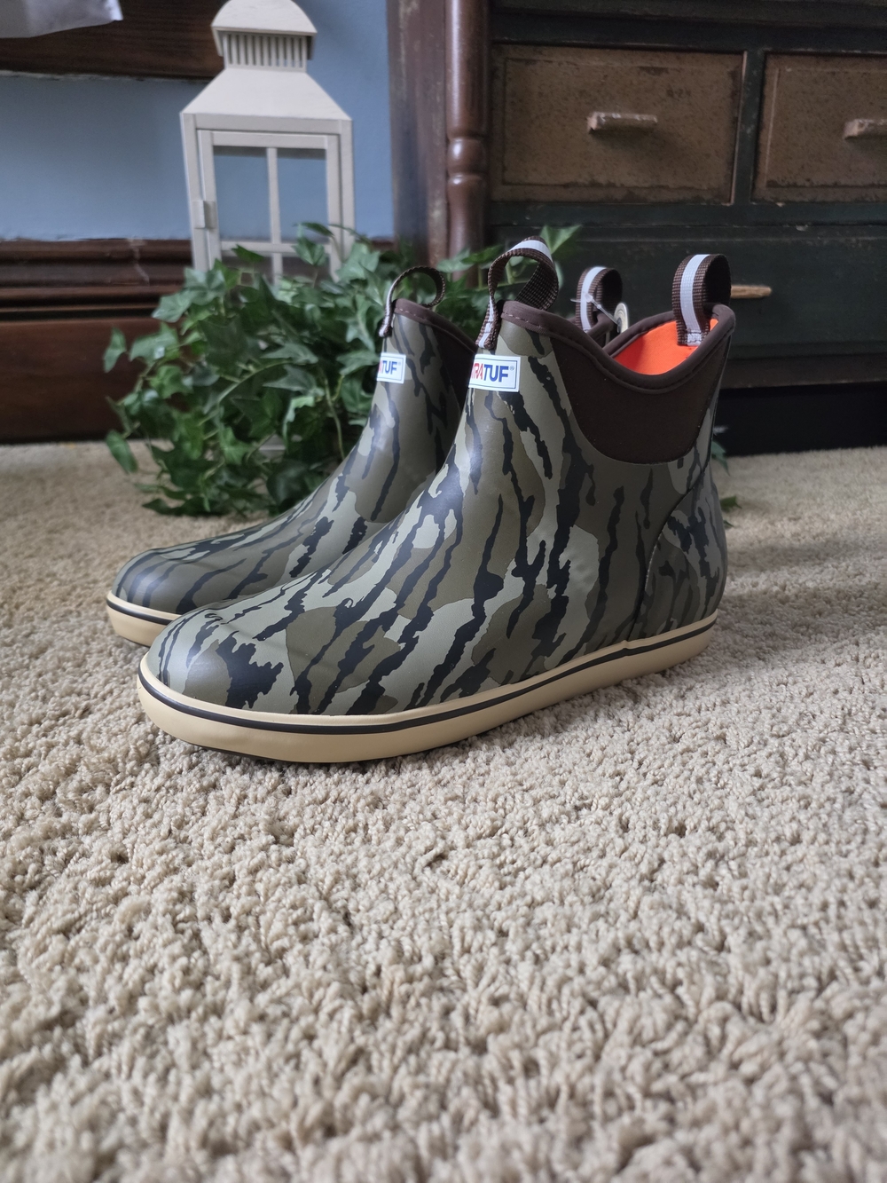 Xtratuf Men's Olive Camo Short Waterproof Rain Boots with Orange Lining
